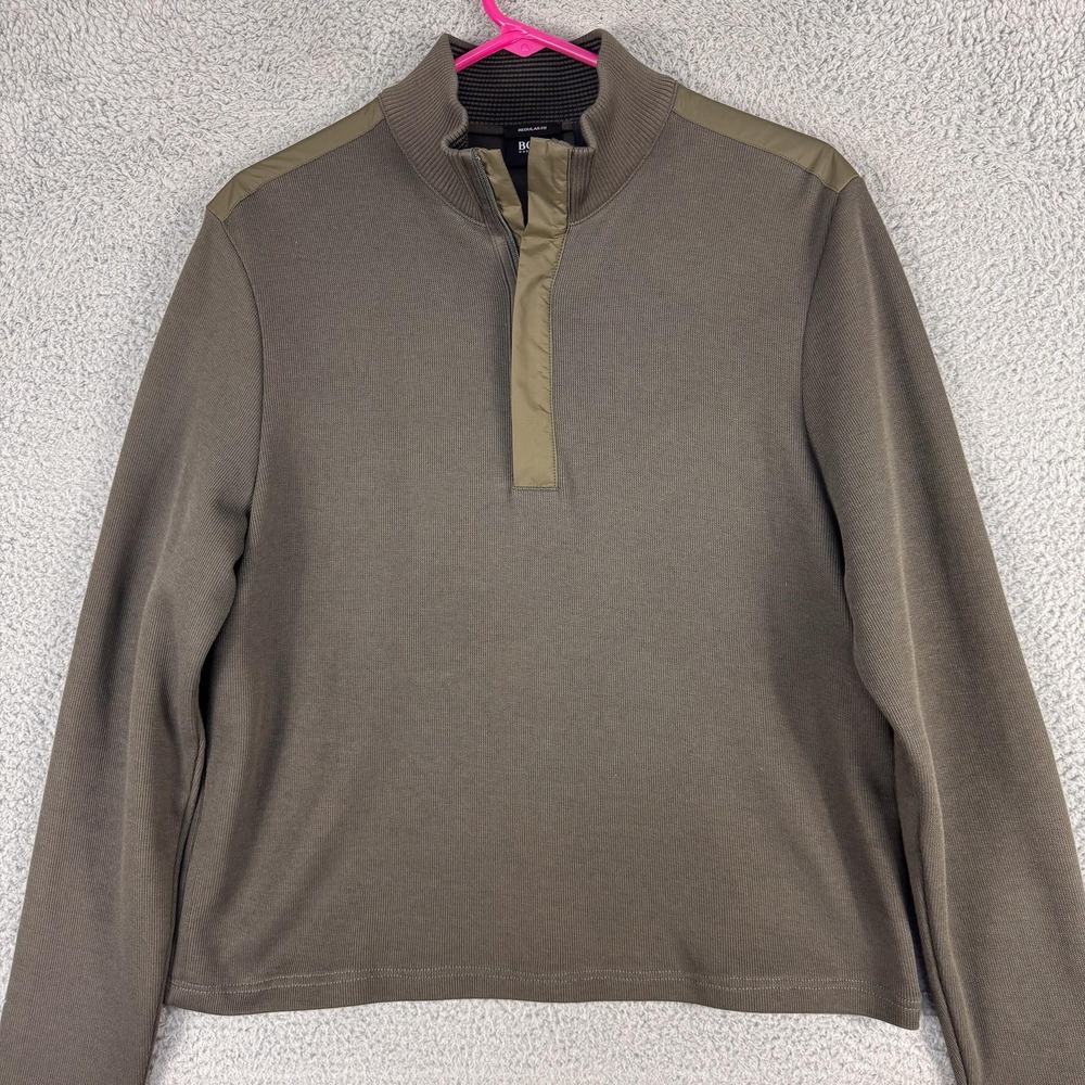 Hugo Boss Sweater Mens Medium‎ Olive Green Mock Neck Snap Placket Regular Fit